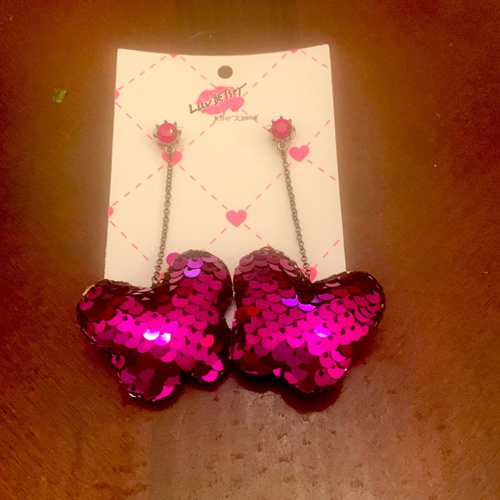 NWT LUV Betsey Johnson purple sequin puffy butterfly drop earrings 🦋 💜